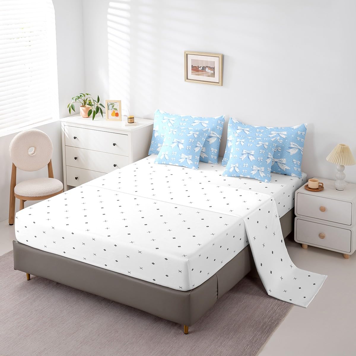 Erosebridal Cute Bowknot Bedding Set Twin Size 7 Piece Bed in a Bag, Simple Polka Dots Bed Set, Cartoon Bows Printed Kids Adults Room Decor Bedding Bed Sets, Blue White Kawaii Bed Sheets Set