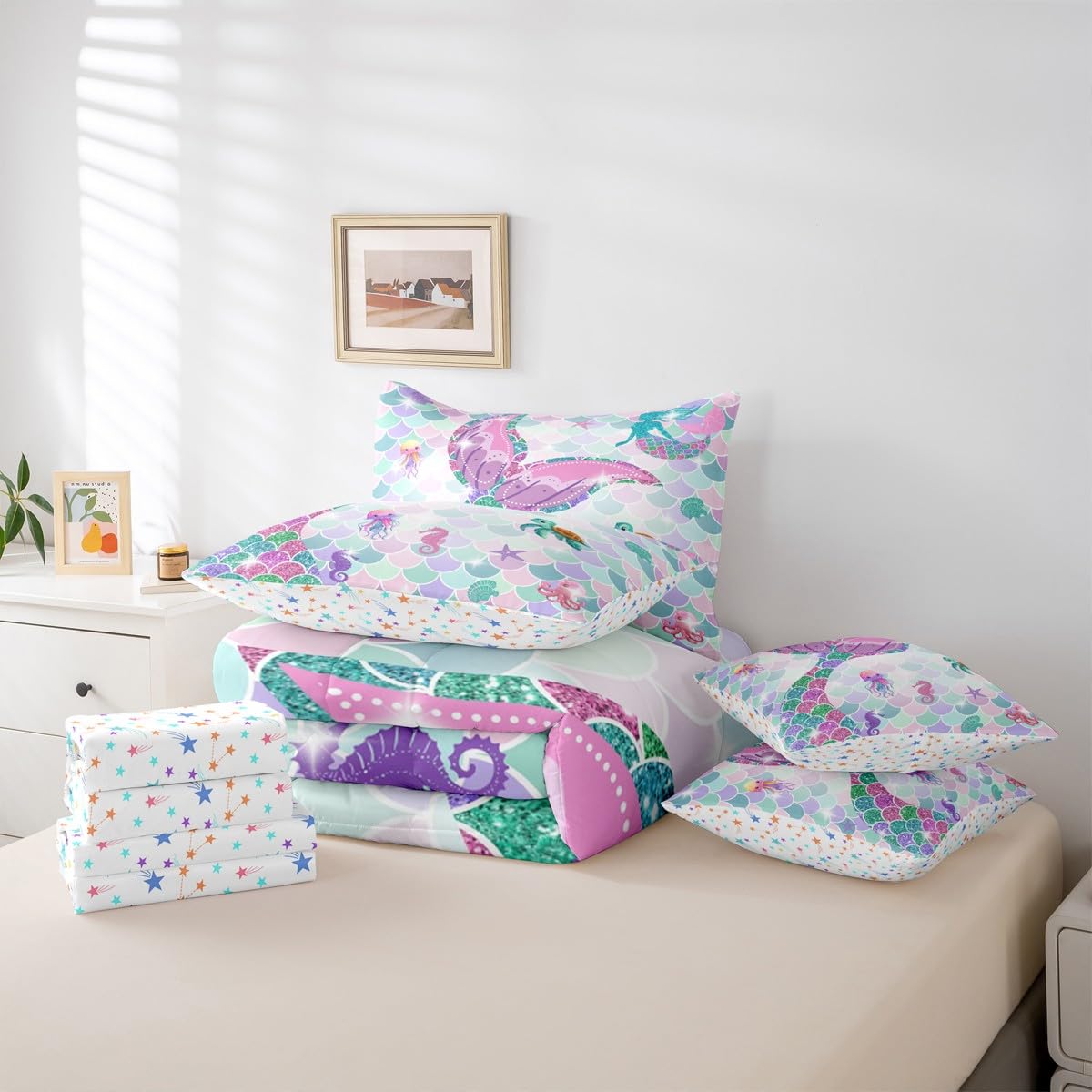 Ocean Mermaid Queen Comforter Set with Sheets | Nautical Sea Animal Kawaii 7 Piece Bedding Set Mermaid Gifts for Girls Jellyfish Sea Turtle Bed in a Bag, Glitter Sequins Print Fish Scale Room Decor