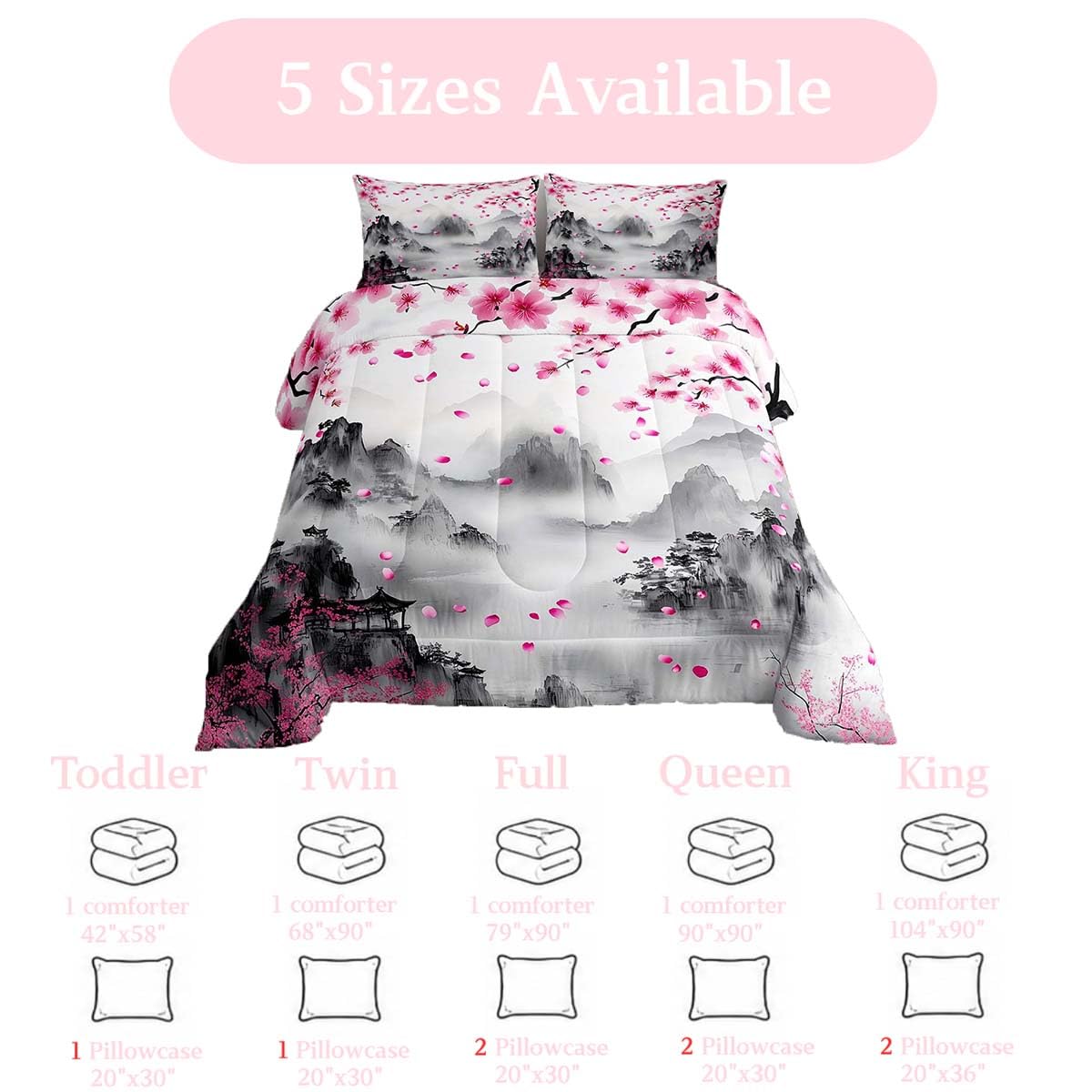 jejeloiu Chinese Ink Painting Comforter Set Queen Size Cherry Blossom Bedding Set for Kids Boys Girls Japanese Style Duvet Quilt Mountain Bedroom Decor Microfiber 3 Pcs with 2 Pillow Cases