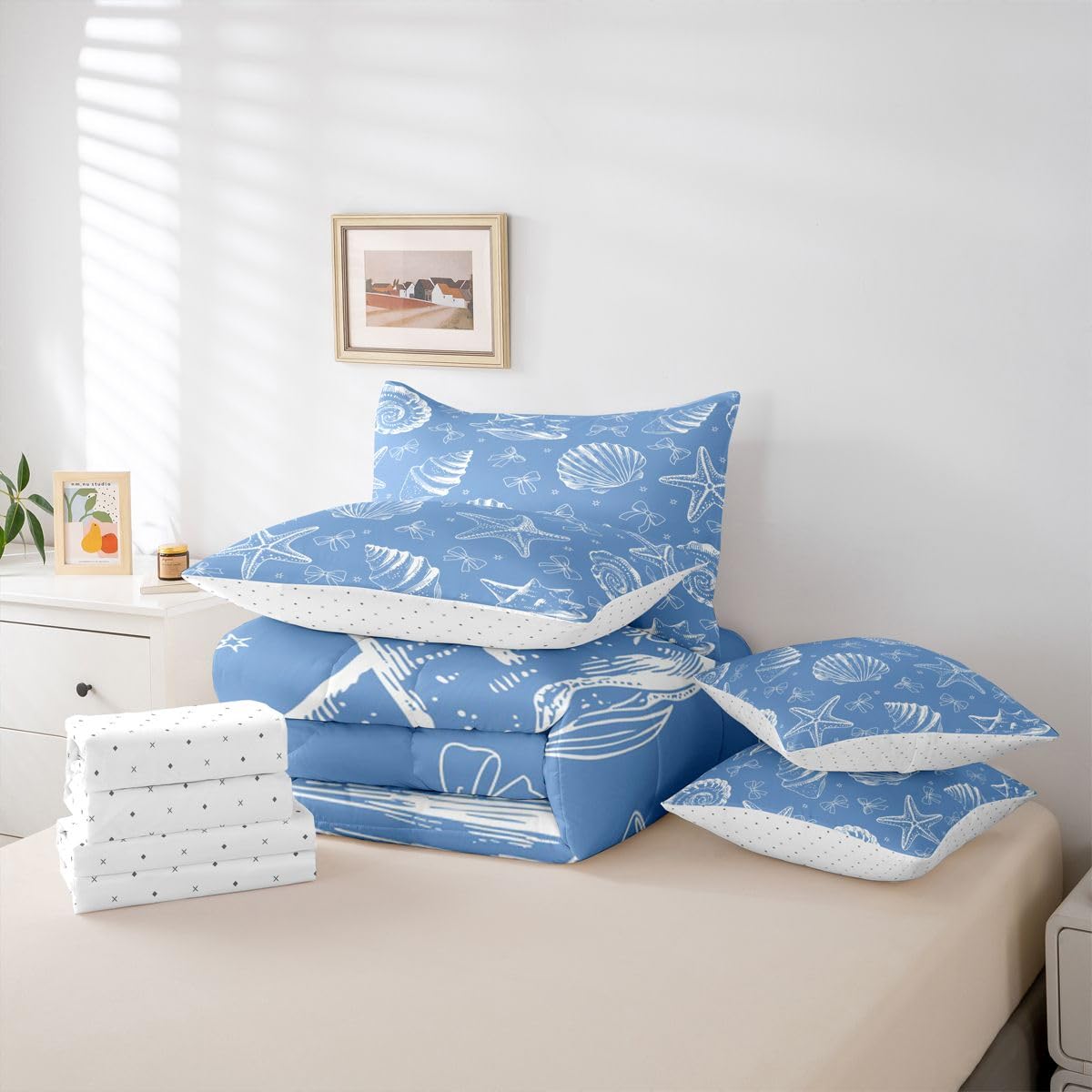 Feelyou Starfish Beach Comforter Set King Size 7 Pieces Blue Bow Shell Bedding Set for Kids Boys Girls Coastal Beach Ocean Bed in a Bag with Comforter, Sheets, Pillowcases, Cushion Covers
