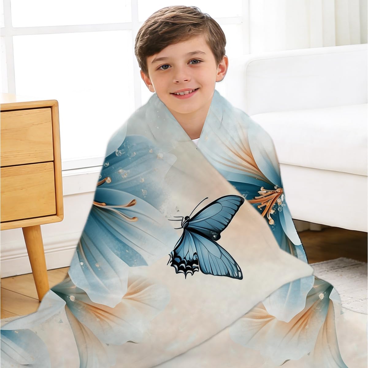 HUNXIAOJ Butterfly Blanket Blue Flannel Throw Flower and Butterfly Throw Blanket Girls Bedroom Decor Butterflies Gift for Women Girl Kids 49"x59"