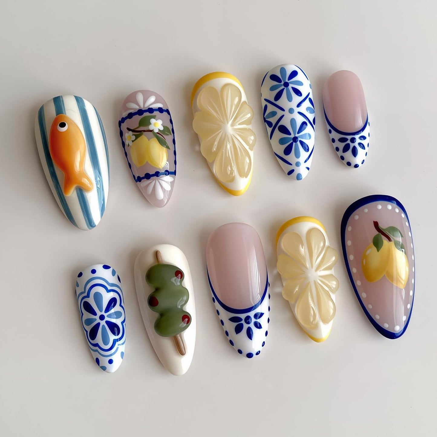24Pcs Cute Lemon Press on Nails Medium Fake Nails French Almond Manicure, Artificial Acrylic Nails French Tips Stick on Nails Light Nude Fake Fingernail Summer False Nails for Women Nail Decoration
