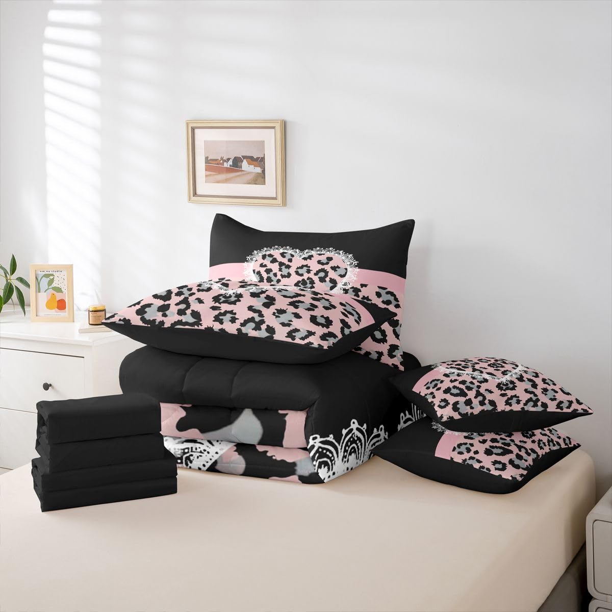 Feelyou Cute Leopard 7 Piece Bedding Set Lace Love Heart Comforter Set with Sheets for Kids Boys Girls Black Pink Bed in a Bag Sweet Romantic Bed Set Soft Lightweight