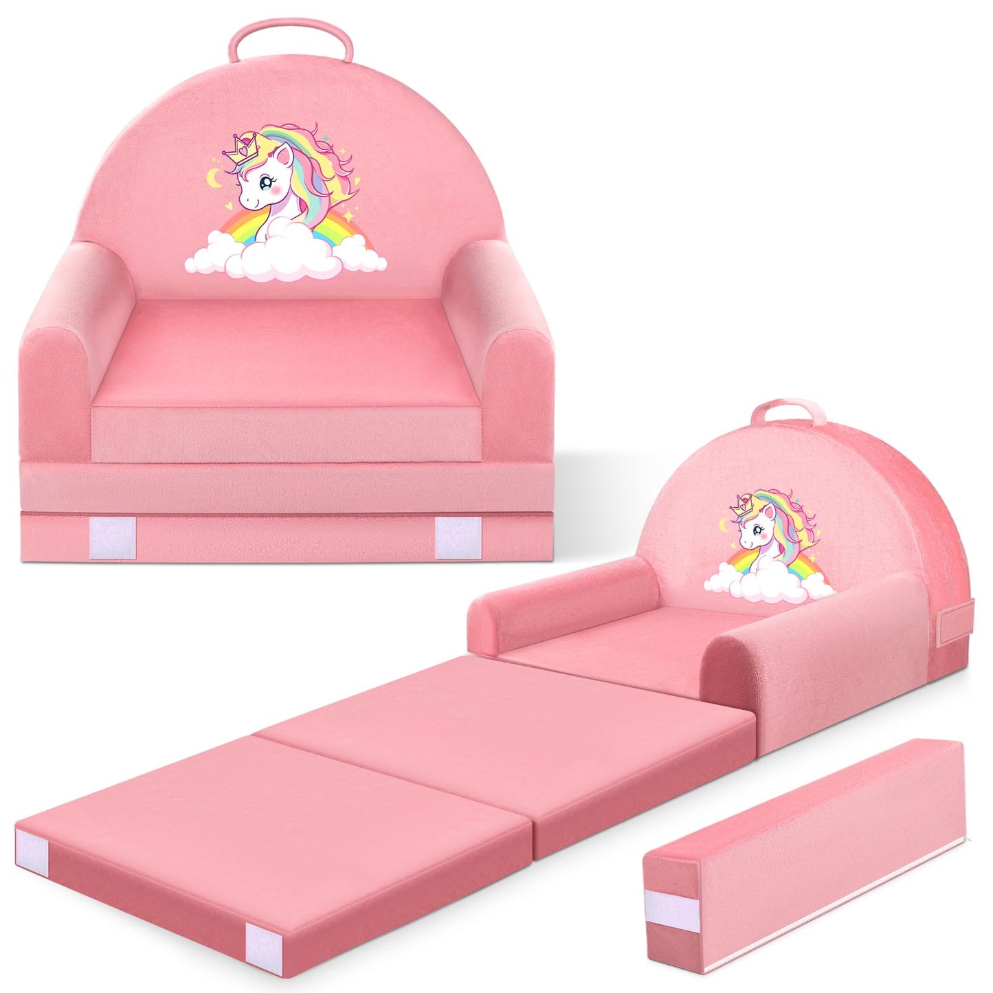 ORWIPO Unicorn Kids Sofa Bed with Removable Washable Cover & Hook and Loop Backrest – Foldable Toddler Chair, Cozy Crystal Velvet Furniture for Playtime, Naps & Travel (Pink, Unicorn Design)