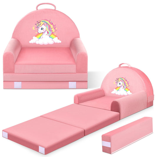 ORWIPO Unicorn Kids Sofa Bed with Removable Washable Cover & Hook and Loop Backrest – Foldable Toddler Chair, Cozy Crystal Velvet Furniture for Playtime, Naps & Travel (Pink, Unicorn Design)
