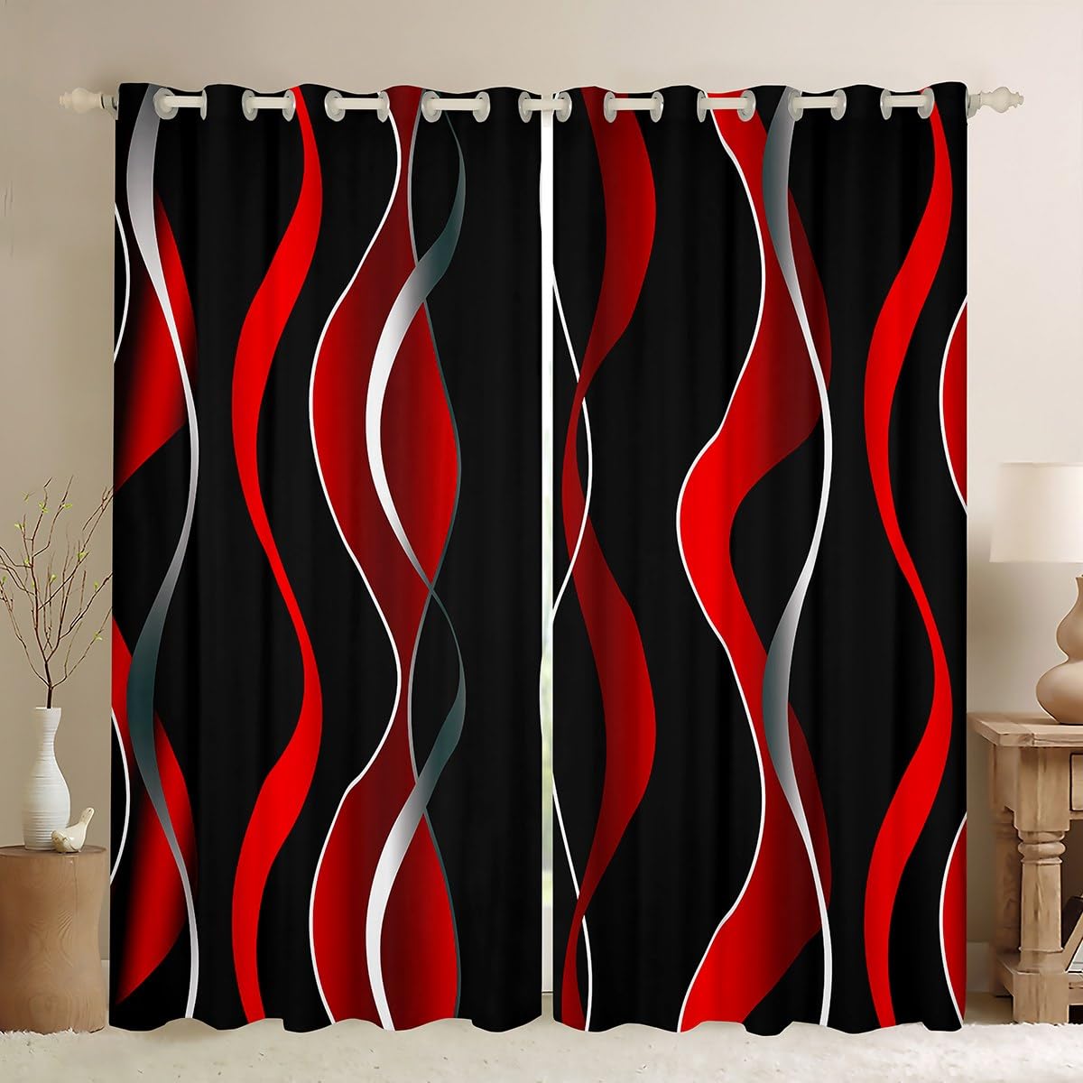 Feelyou Red Grey Black Stripe Darkening Drapes Retro Stripe Swirl Blackout Curtain Boys Geometric Pastel Gradient Stripes Window Curtains Swirl Lines Window Treatments, 2 Panels 38 x 45 Inch