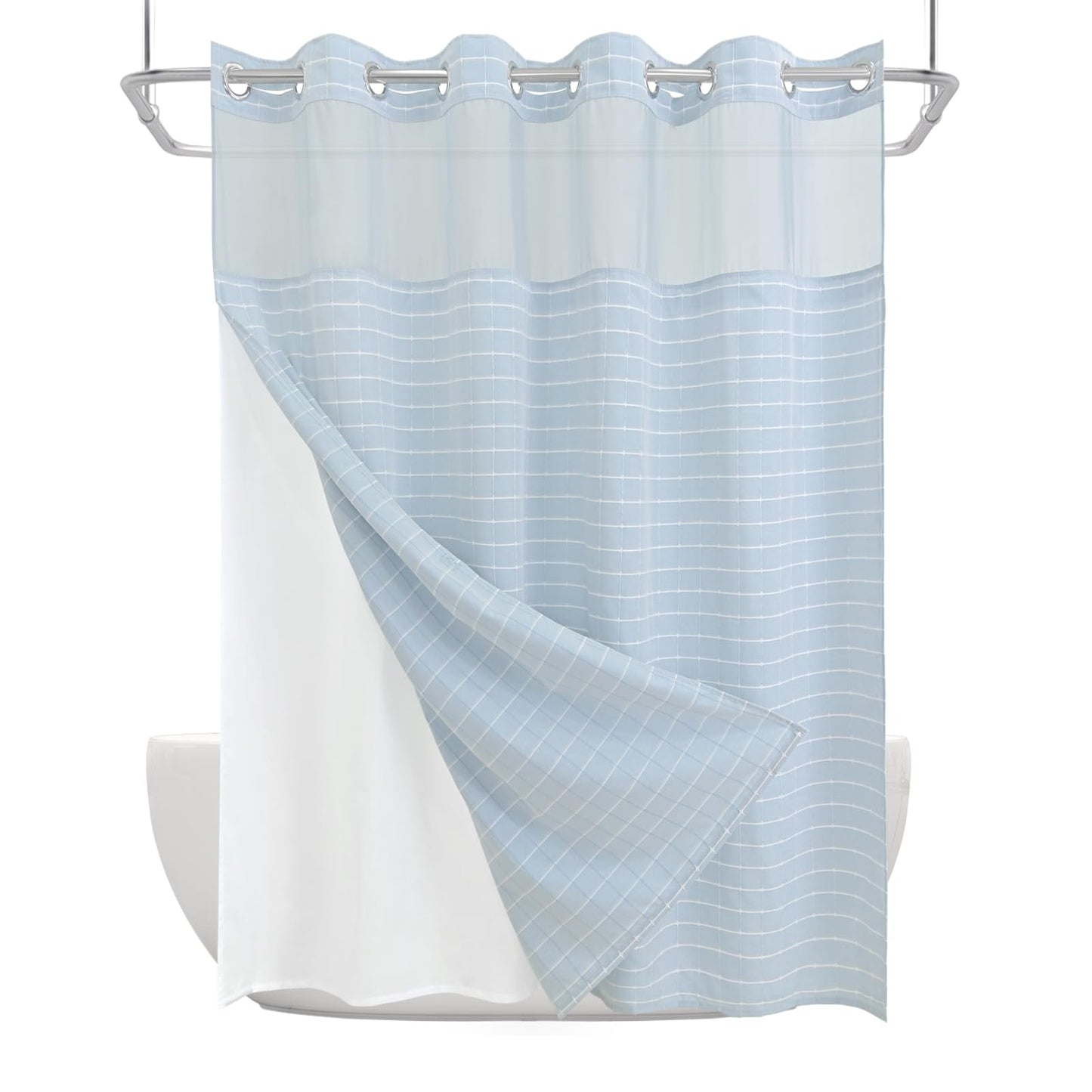 DRIFTED ROOT No Hook Shower Curtain Set with Snap-in Detachable Liner and Mesh Top Window, Grid Jacquard Fabric, Water-Repellent, 4 Hem Magnets, Side Suction Cups, Blue, 72 x 86 Inch