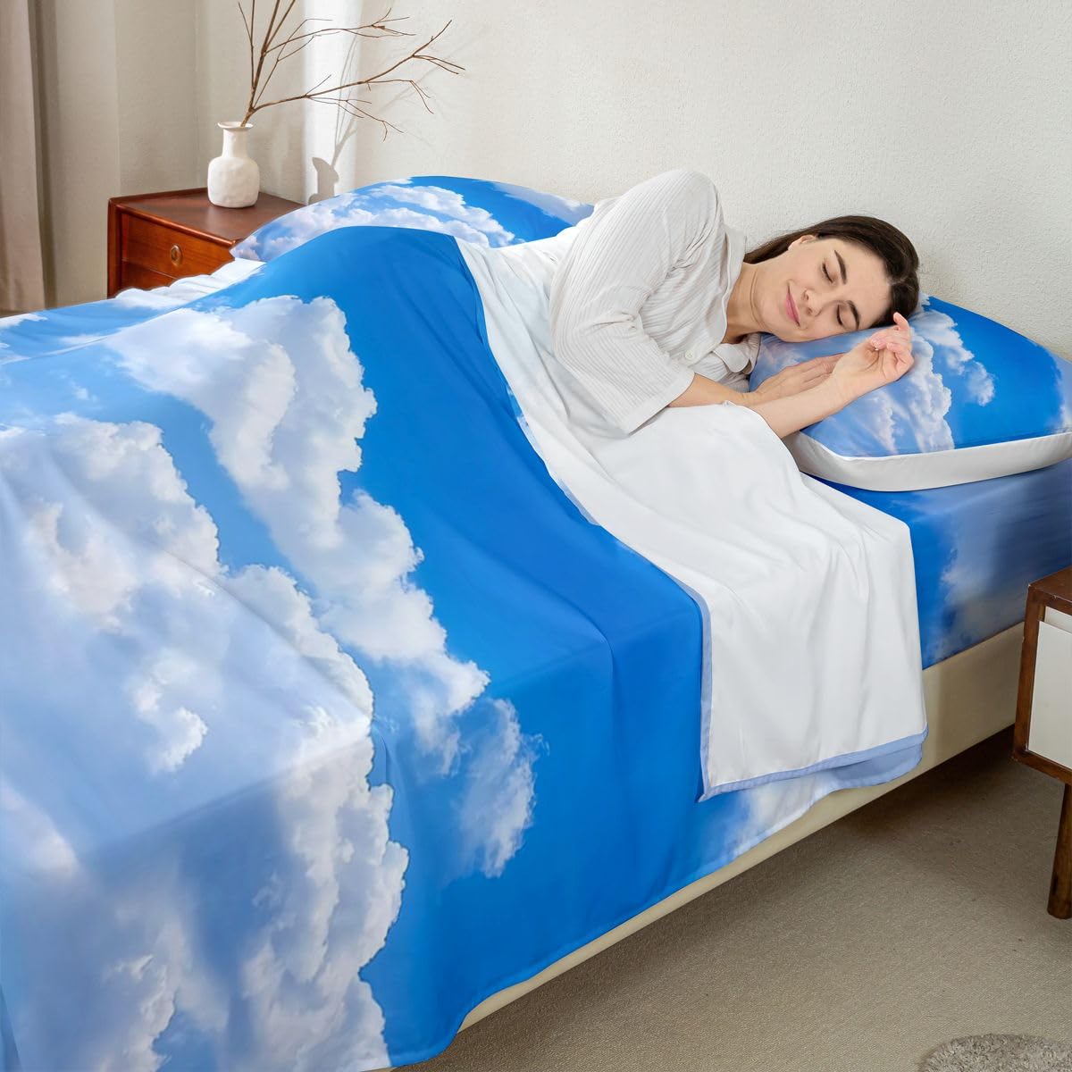 Erosebridal Blue Sky and White Clouds Sheet Set Twin Size for Boys Teens, Kids Kawaii Fitted Sheet Nature Bed Sheets Soft Microfiber Top Sheet Bedroom Decor 3 Pieces with 1 Pillowcase