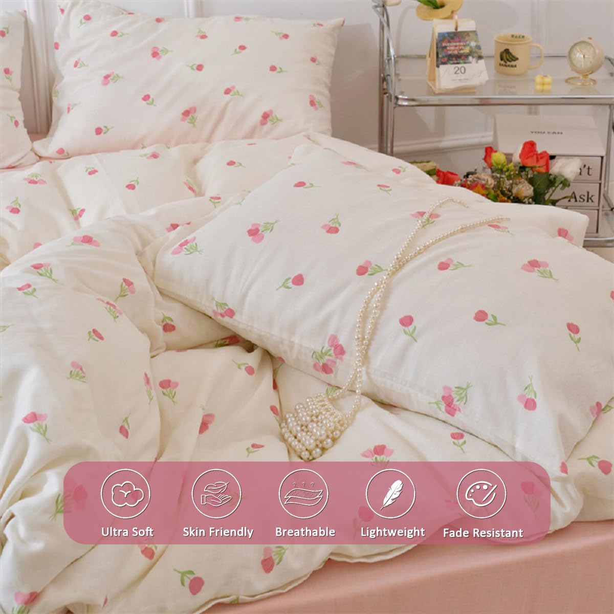 Erwinmu Floral Comforter Set King Size - 3 Pieces Pink White Floral Comforter Bedding Sets Tulips Pattern,King Bed in a Bag with Heart Comforter and 2 Pillowcases