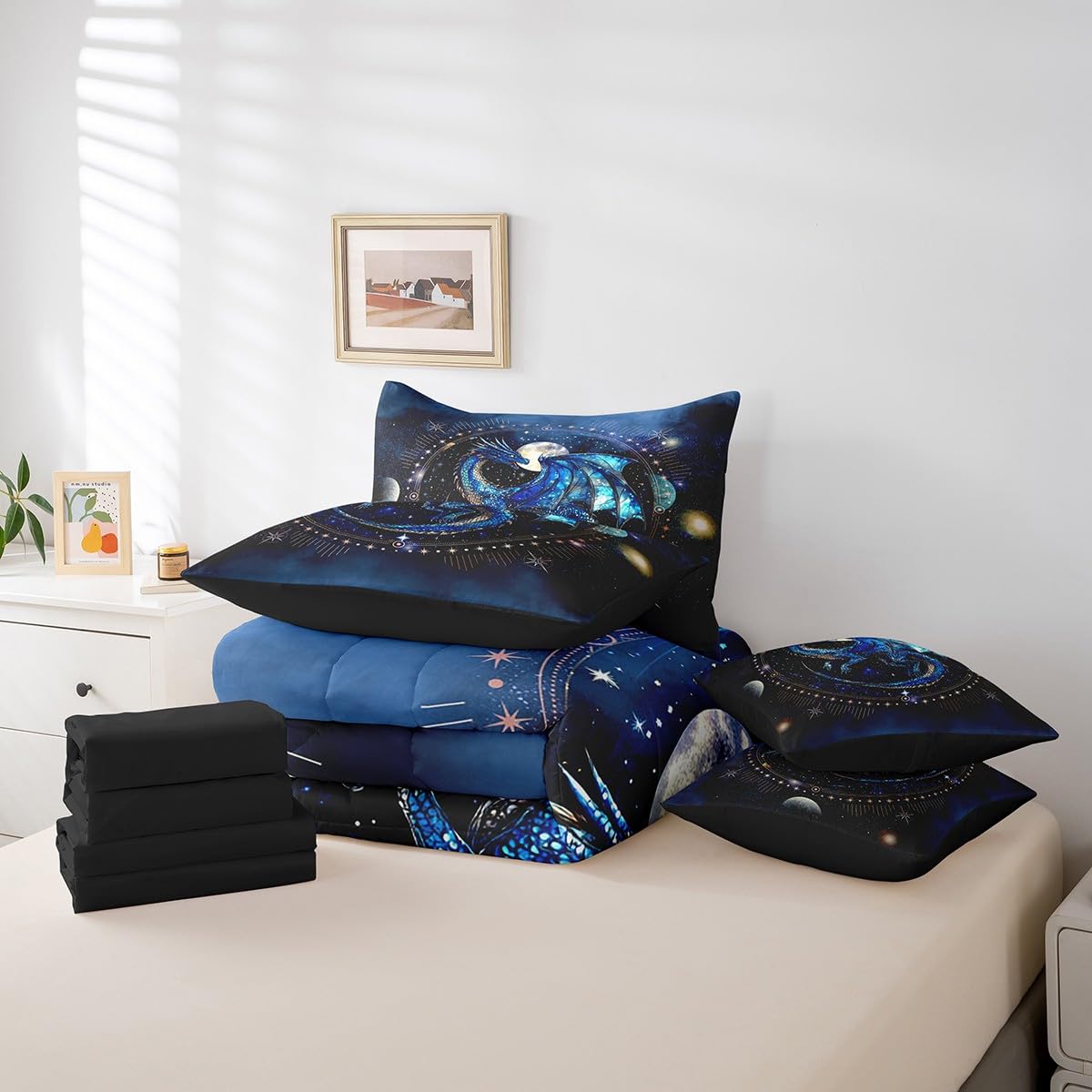Feelyou Dragon Comforter Set with Sheets Twin Size Dragon Stuff Bed in a Bag for Boys Girls Teens Luxury 7 Pieces Bedding Set Dragon Decor Bed Set Room Decor Blue Black