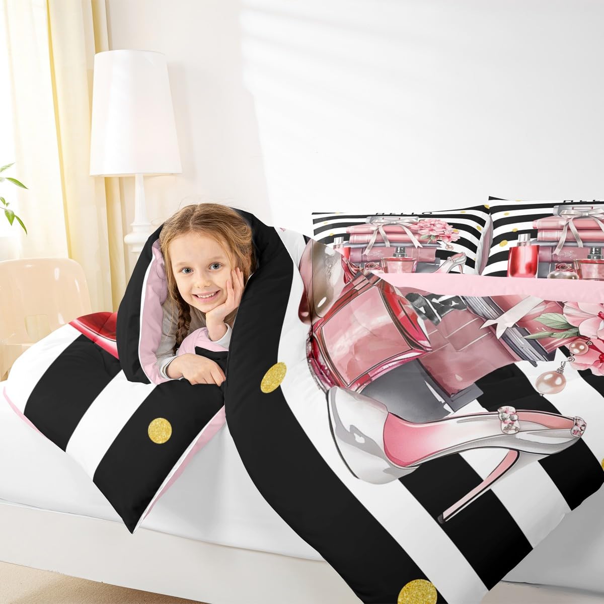 Erosebridal Black and Pink Comforter King Size Fashion Black White Girly Bedding Set for Girl Women Modern Flower Floral Perfume Striped Duvet Insert High Heels Magazine Books Bed Sets