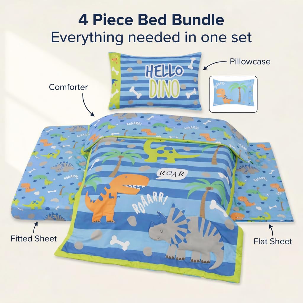 EVERYDAY KIDS 4 Piece Toddler Bedding Set – Roaring Dinosaurs - Includes Comforter, Flat Sheet, Fitted Sheet and Reversible Pillowcase – Boys Toddler Bedding