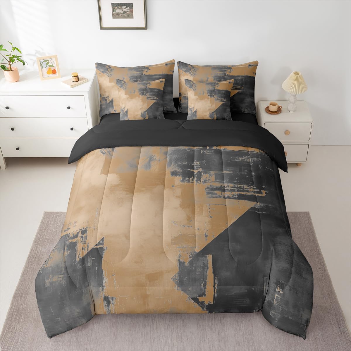Feelyou Abstract Comforter Set With Sheets 7 Piece King Size Modern Abstract Art Bed in a Bag Kids Boys Girls Luxury Bedding Set Geometric Bedroom Decor Brownish Breathable Soft Lightweight Microfiber