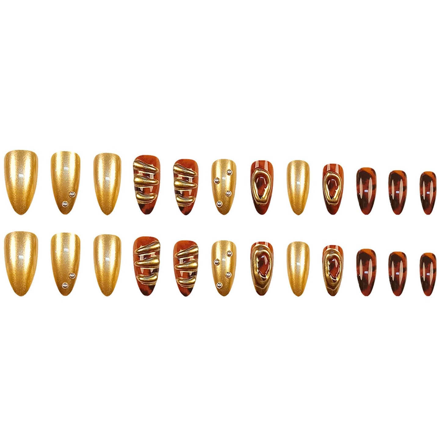 RUOKEXIN Almond Press on Nails Medium Fake Nails Gold False Nails with 3D Designs Spring Summer Nail Press ons Sparkly Artificial Nails for Women 24Pcs