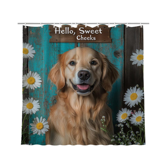 KEEPAEON Golden Retriever Shower Curtain, Cute Funny Shower Curtains for Bathroom Hello Sweet Cheeks Bathroom Decor with Hooks, Bathroom Curtain 72x72 Inches