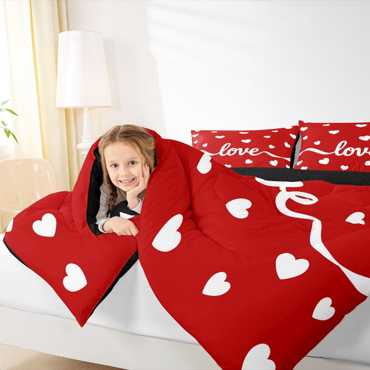 Erosebridal Couples Cute Heart Comforter Set Queen Size Cartoon Love Heart Bedding Set for Men Women Bedroom Romantic Valentine Day Gift Comforter White Red Geometric Quilt Duvet