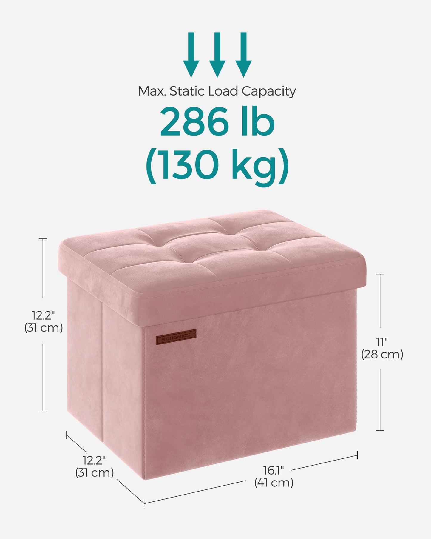 SONGMICS Storage Ottoman, Foldable Small Ottoman Foot Rest, 12.2 x 16.1 Inches Foot Stool, Load up to 286 lb, for Living Room, Bedroom, Dorm, Jelly Pink ULSF200R01