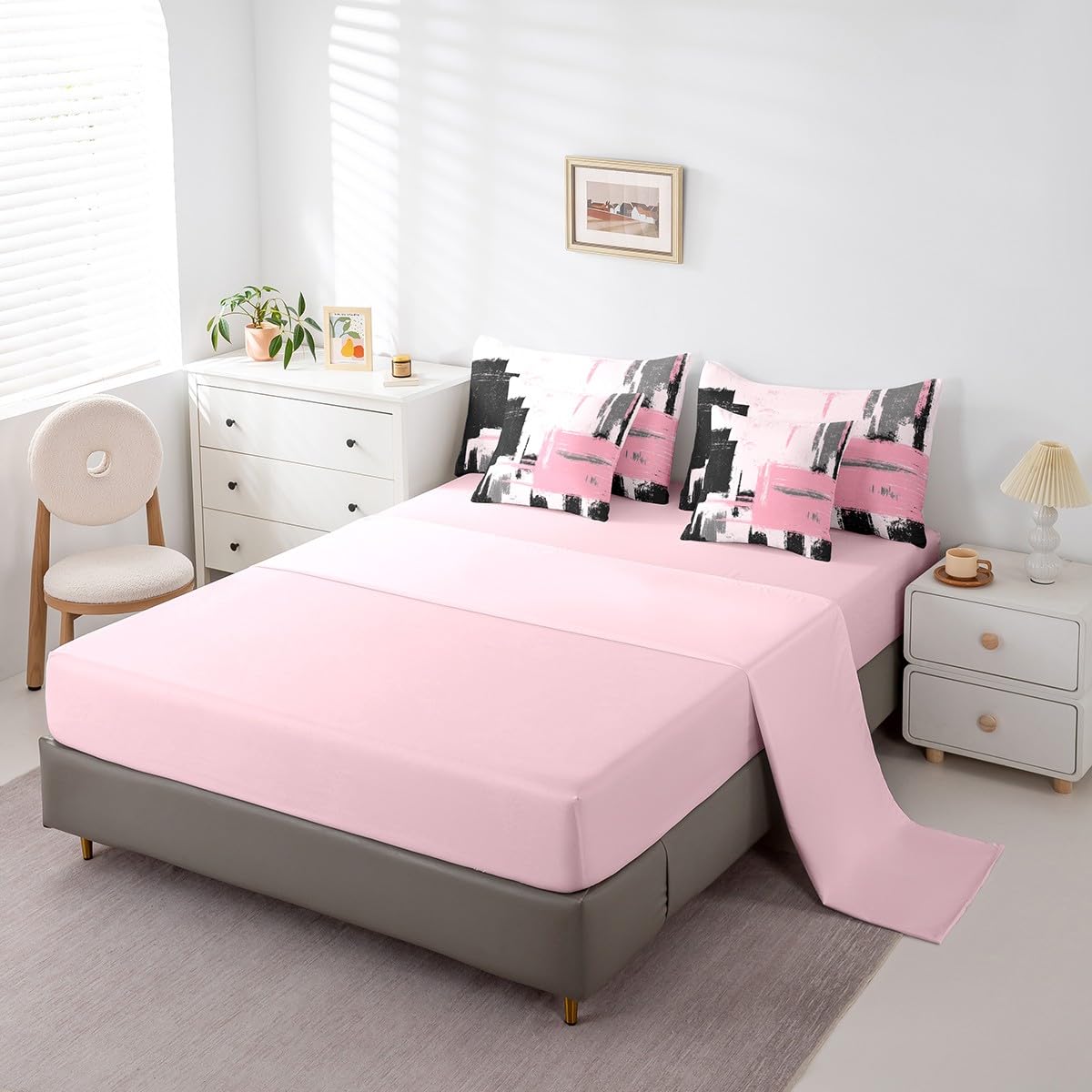 Feelyou Abstract Bed Set Includes Comforter, Sheet Set, Pillowcases & Pillow Covers Modern Abstract Art 7 Piece Bedding Set Children Pink Black Pattern Bedding Set Queen Size