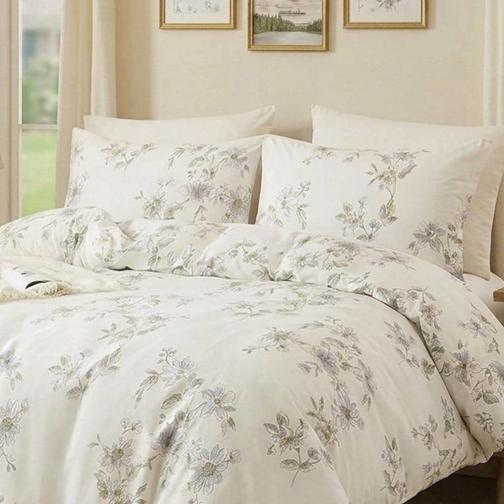 Cozaline 100% Cotton Duvet Cover Set King – Cream Fresh Watercolor Floral Bedding Set 3 Pieces, Ultra Soft Reversible Comforter Cover with Zipper Closure, Nature-Inspired Botanical Bed Set
