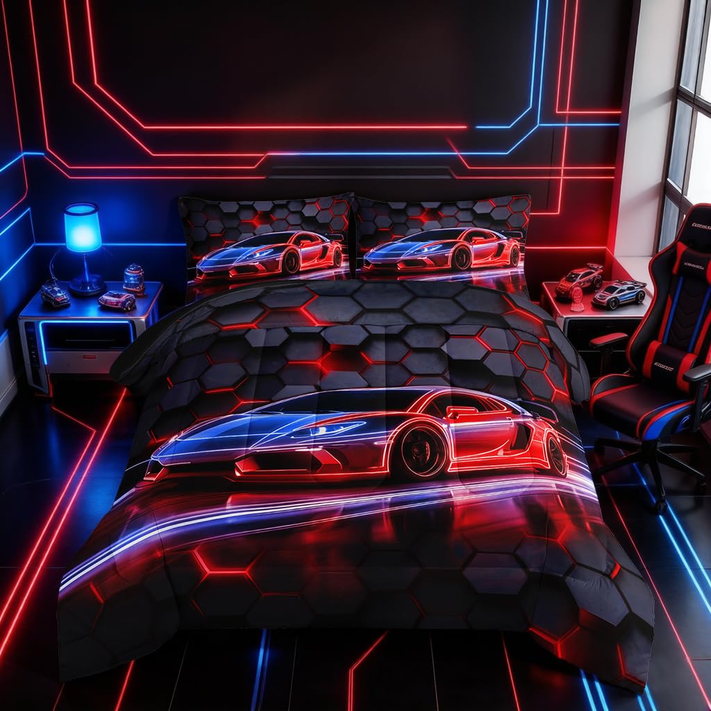 HOSIMA Boys Race Car Queen Bedding Sets,Honeycomb Geometric Background Pattern Cool Extreme Sports Bedding for Kids Men Car Themed Room Decor,Gaming Comforter with 2 Pillowcases.