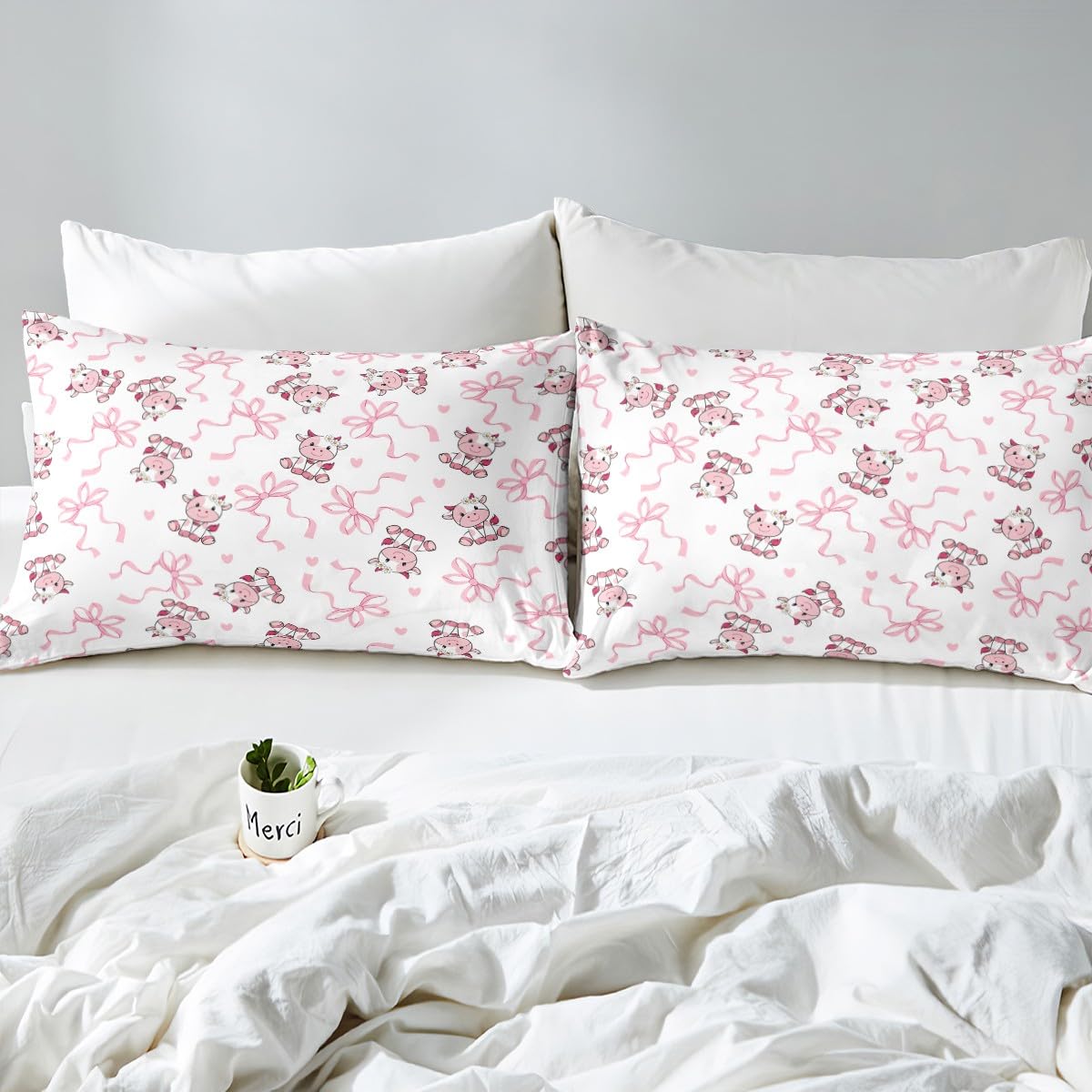 Erosebridal Pink Bow Bed Sheets Set Full Size, Dreamy Princess Cute Cow Flat Fitted Sheet for Kids Girls Women Bedroom, Cartoon Bowknot Bedding Set, Girly Love Heart Bed Sets with 2 Pillow Cases
