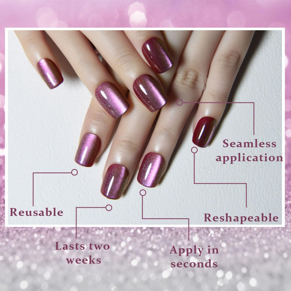 evpct Mauve Cat Eye Extra Short Square No Glue Press on Nails, Petite Short Square Stick on Nails for Women Gift, Glossy Holographic Fake Nails Reusable Press on Acrylic Fake Nail with Designs
