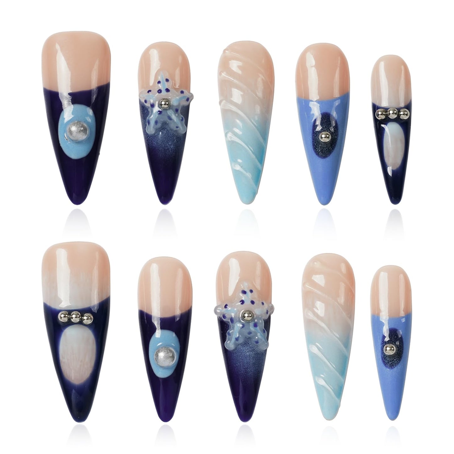 Tesytto Handmade Ocean Blue French Tip Press on Nails Long Stiletto - Luxury 3D Shell & Pearl Design, Summer Beach Vacation Fake Nails (Oceanic Carving,M)