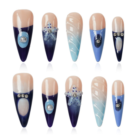 Tesytto Handmade Ocean Blue French Tip Press on Nails Long Stiletto - Luxury 3D Shell & Pearl Design, Summer Beach Vacation Fake Nails (Oceanic Carving,M)