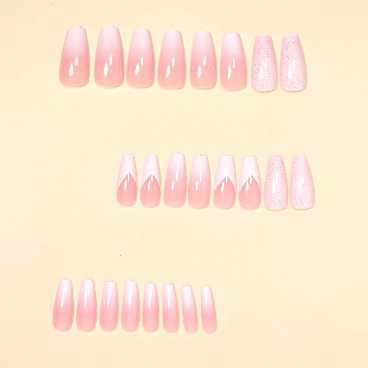 MERVF Coffin Press on Nails Long, White Ombre French Tip Fake Nails Chevron Glitter Solid Color Design Glue ons Acrylic Nail Glossy 24pcs