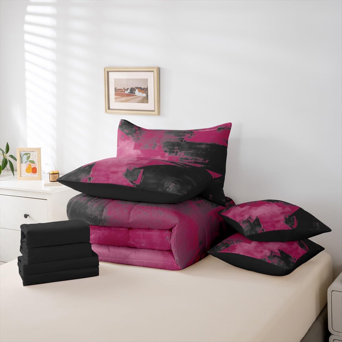 Feelyou Abstract Comforter Set with Sheets 7 Piece King Size Modern Abstract Art Bedding Set for Kids Boys Girls Luxury Bed in a Bag Geometric Room Decor Dark Rose Soft Lightweight Microfiber