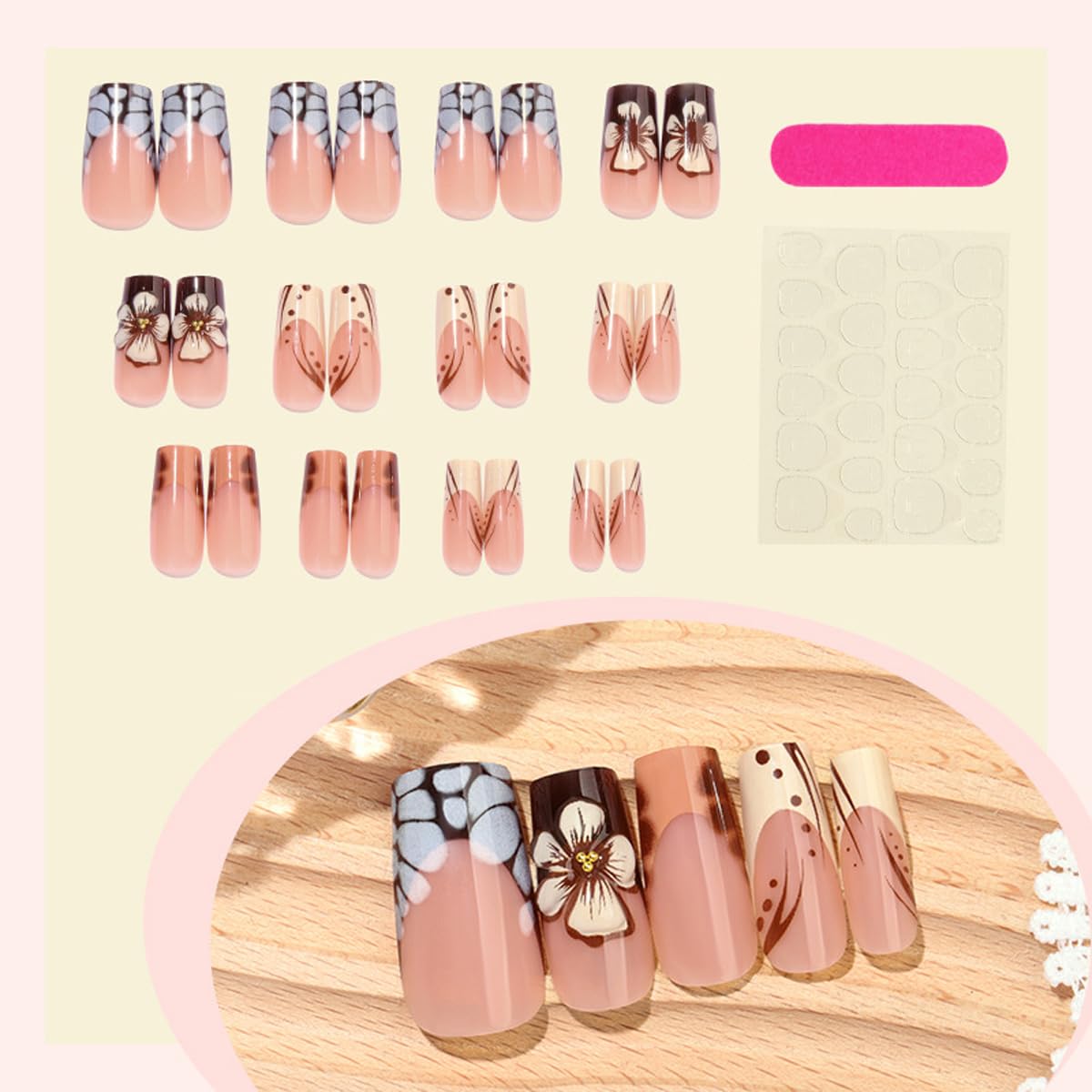 French Tip Press on Nails Long Square Fake Nails 3D Flowers Glue on Nails with Marble, Polka Dot Designs Full Cover Glossy False Nail Press ons Stick on Nail for Women Manicure 24Pcs
