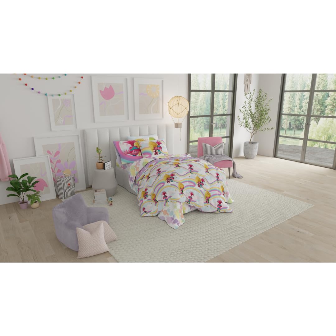 DreamWorks Trolls 3 Band Together Kids 5 Piece Bedding Super Soft Reversible Comforter and Sheet Set with Sham, Twin, (Officially Licensed Product) By Franco
