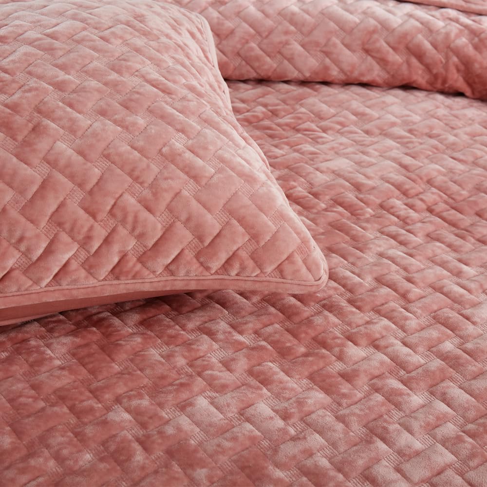 Liians Velvet Bedspread Quilt Bedding Sets,Luxury Soft Velvet Comforters Coverlet Blankets,Weave Stitching Pattern Cotton Quilted Bedspread for All Seasons, Pink,King Size