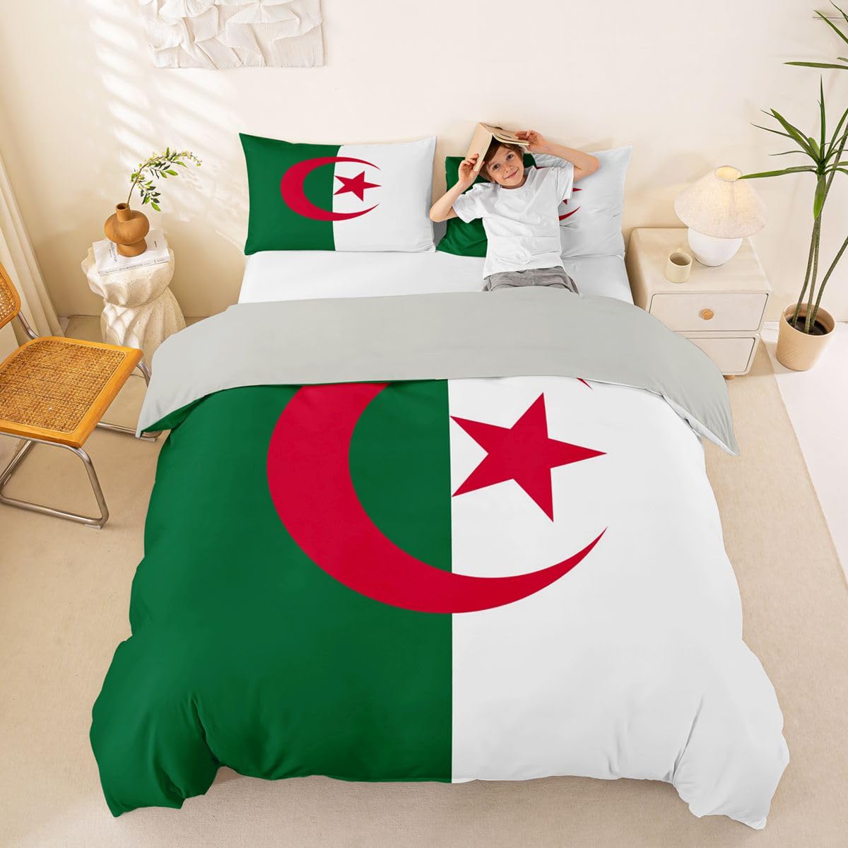 Feelyou Flag of Algeria Duvet Cover Full Size Boys Girls Algerian Bedding Set Breathable Soft International Flag Comforter Cover 3Pcs Soccer Sports Game Bedroom Decor