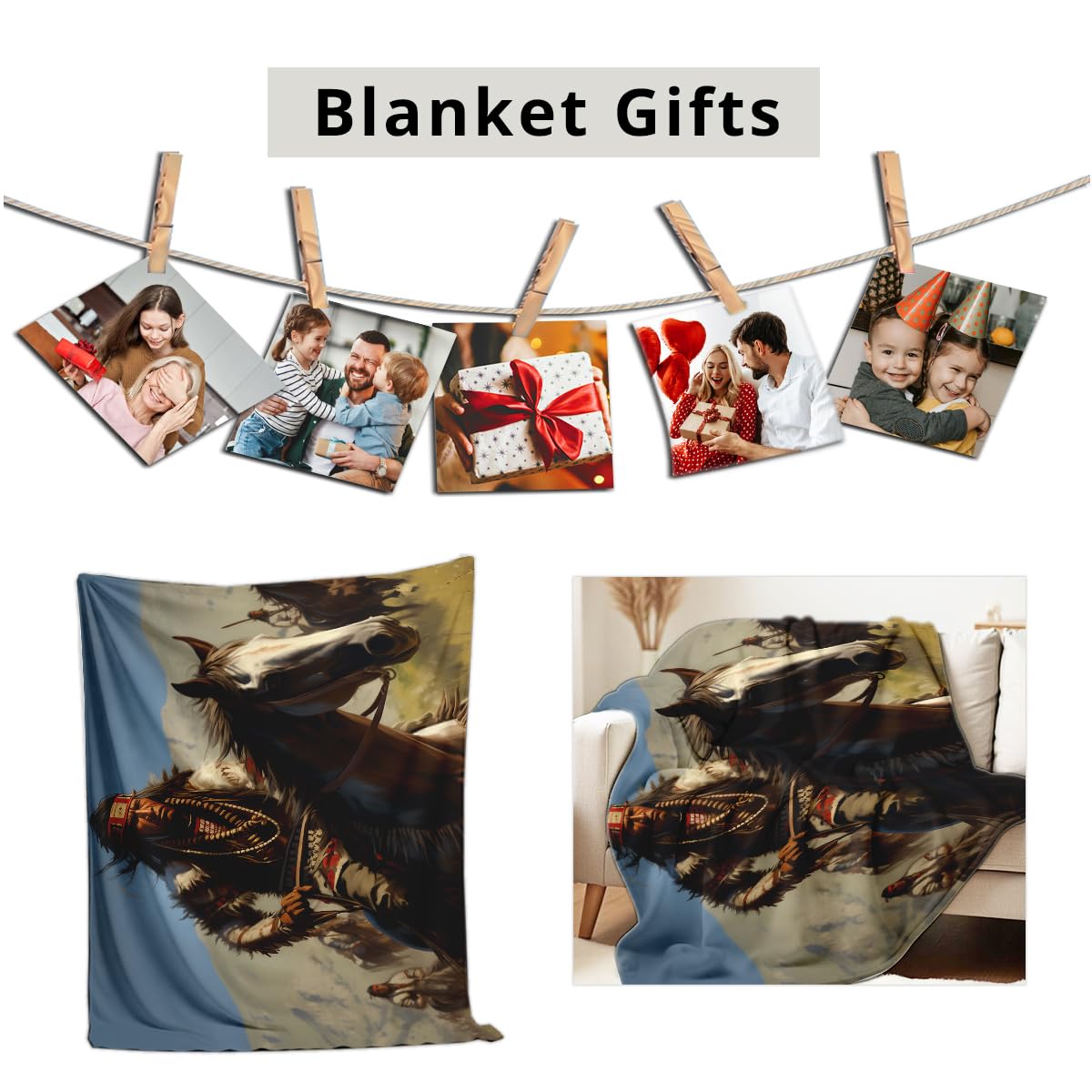 HUNXIAOJ Native American Blankets for Men Indian Print Blankets and Throws for Couch Bed Room Home Western Decor Flannel Throws Queen Size Native American Indian Gifts (49"x59")