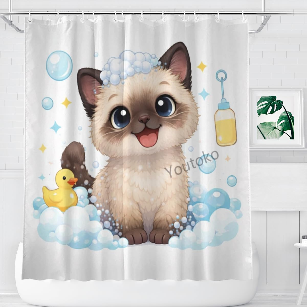 Youtoko Funny Siamese Cat Bathroom Decor Shower Curtain 72x72 Inch with 12 Hooks Cute Farm Animal Bubble Bath Rubber Duck Waterproof Washable Polyester