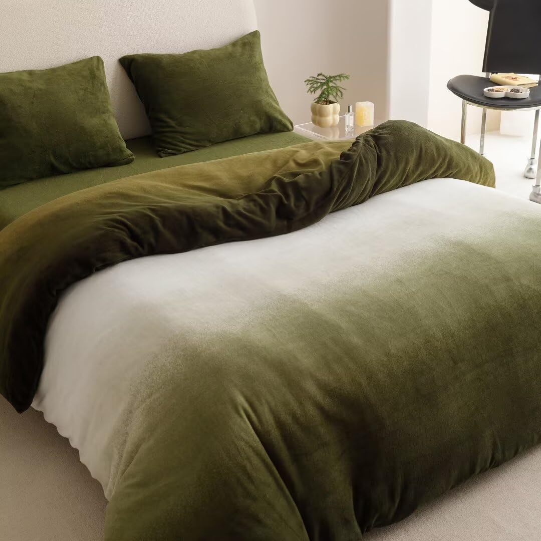 CLOTHKNOW Dark Green Velvet Duvet Cover Set Queen 3Pcs Green White Bedding Sets Fluffy Olive Green Bedding Duvet Cover Sets Soft Flannel Bedding Queen Sets Hunter Green Bedding Cover Sets Queen