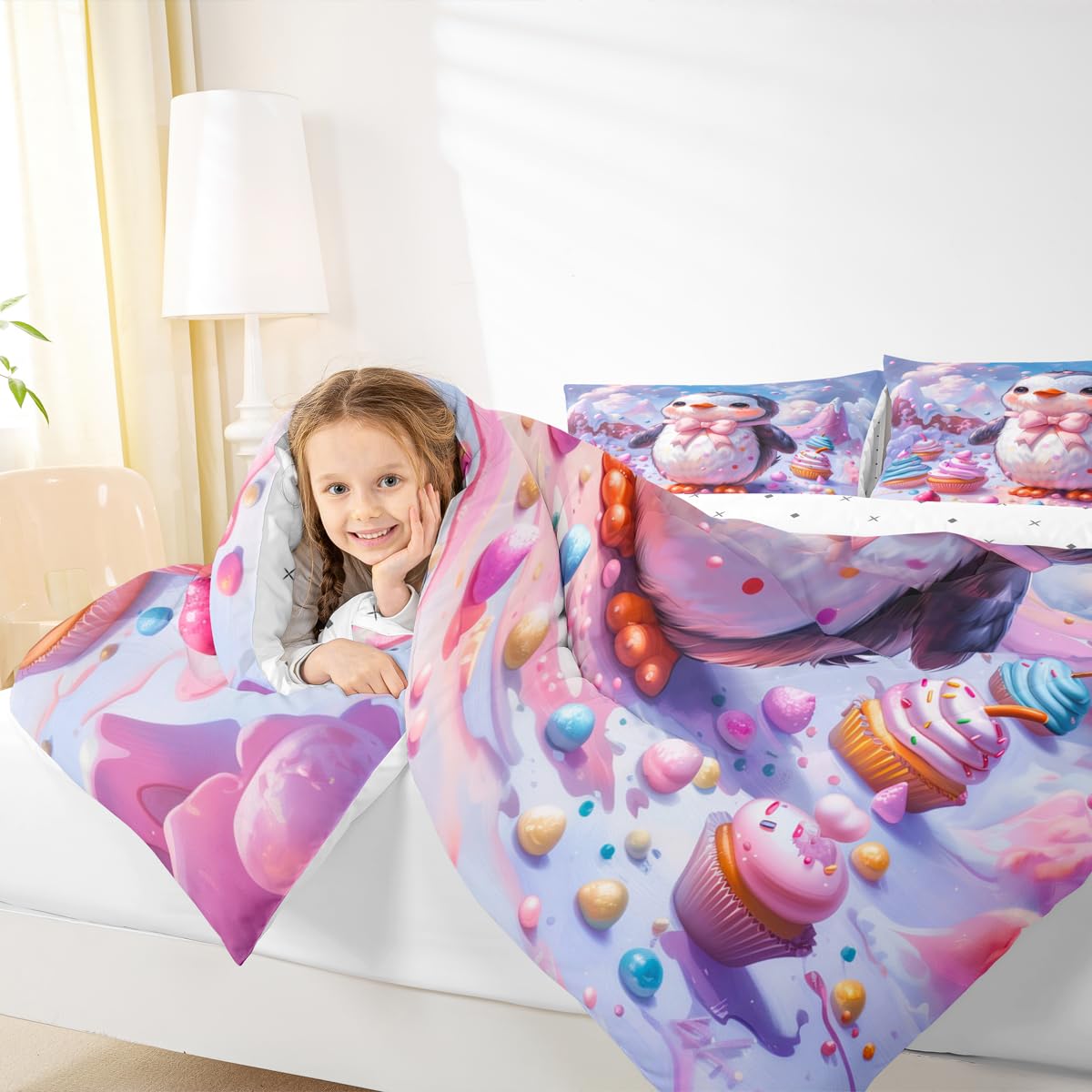 Erosebridal Cute Penguin Comforter Set Queen Kawaii Penguin Bedding Set Antarctica Animals Wildlife Print Comforter for Kids Boys Girls,Colorful Desserts Quilt Duvet