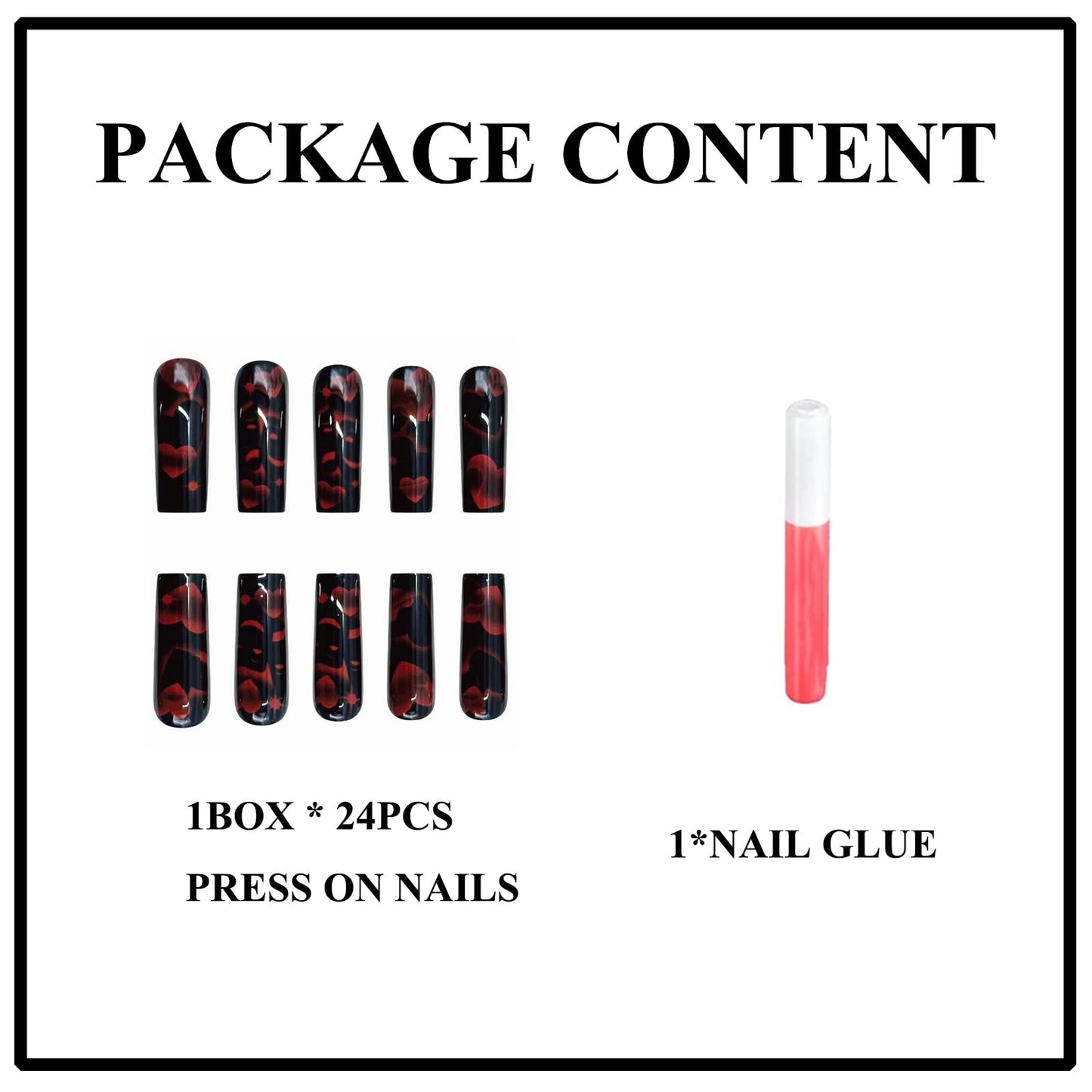 MERVF Press on Nails Long Square, Black Solid Color Fake Nails Red Heart Design Glue ons Goth Acrylic Nail Glossy 24pcs