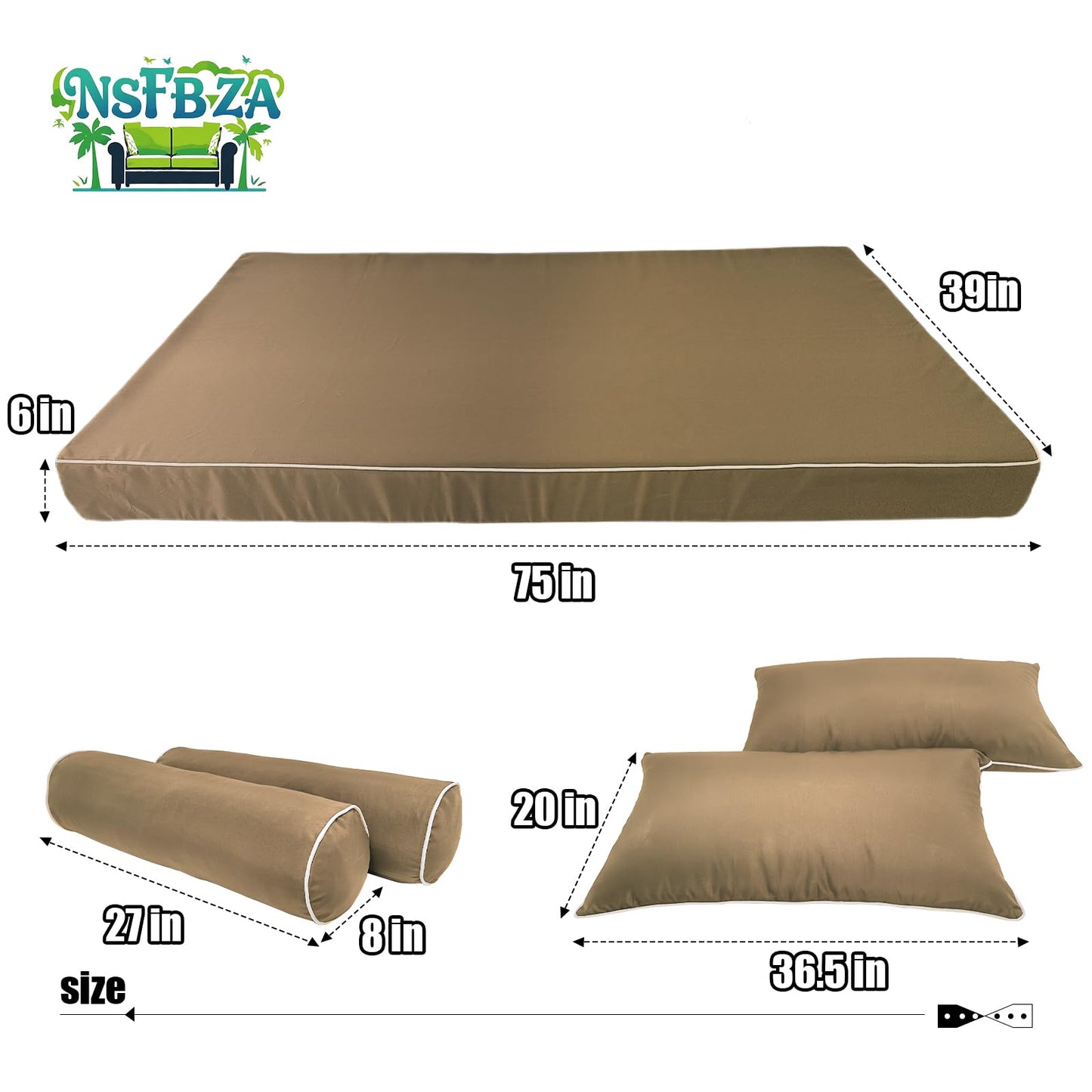 NSFBZA Outdoor Twin Size Patio Swing Bed Mattress and Pillows Cover with Zipper,Fade Resistant 6 Inch Porch Daybed Cushion Waterproof Covers (Light Brown, 75 * 39 * 6in)