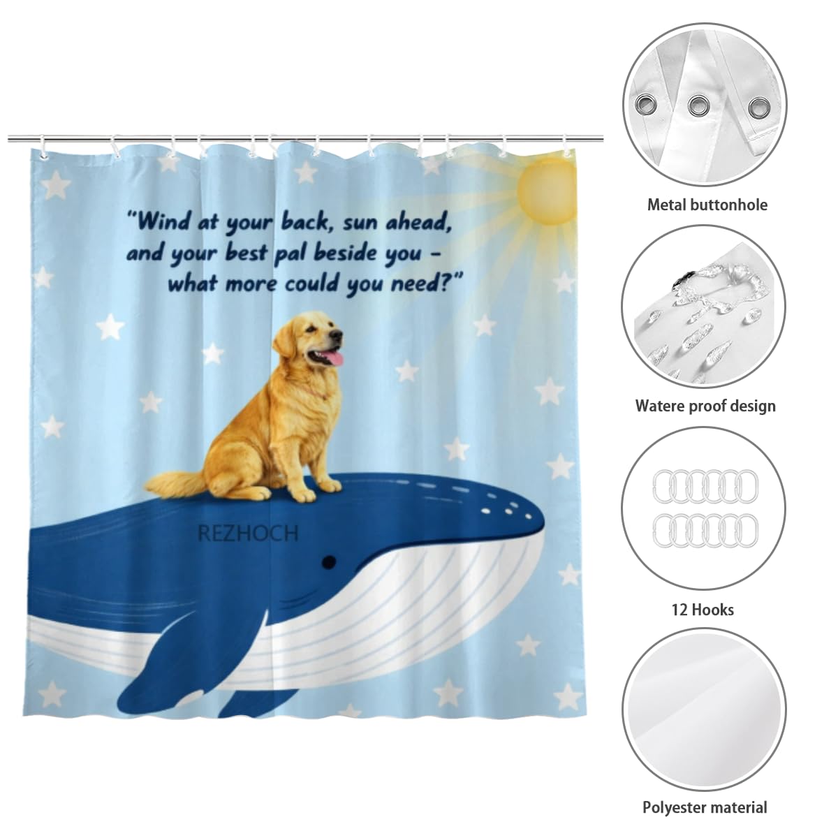 REZHOCH Funny Whale Golden Retriever Shower Curtain 72x72Inch Cute Animal On Whale Ocean Sunny Home Bathroom Decor Art Waterproof Fabric All Season Bath Bathtub Set with 12 Hooks