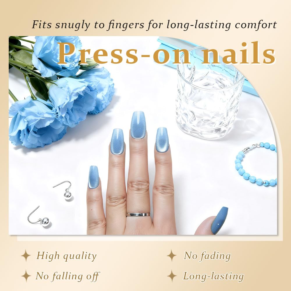 evpct Light Blue Cat Eye Coffin Press on Nails Medium Square No Glue, Medium Square Stick on Nail for Women, Light Blue Metallic Glitter Glossy Reusable Summer Soft Press on Acrylic Nail with Designs