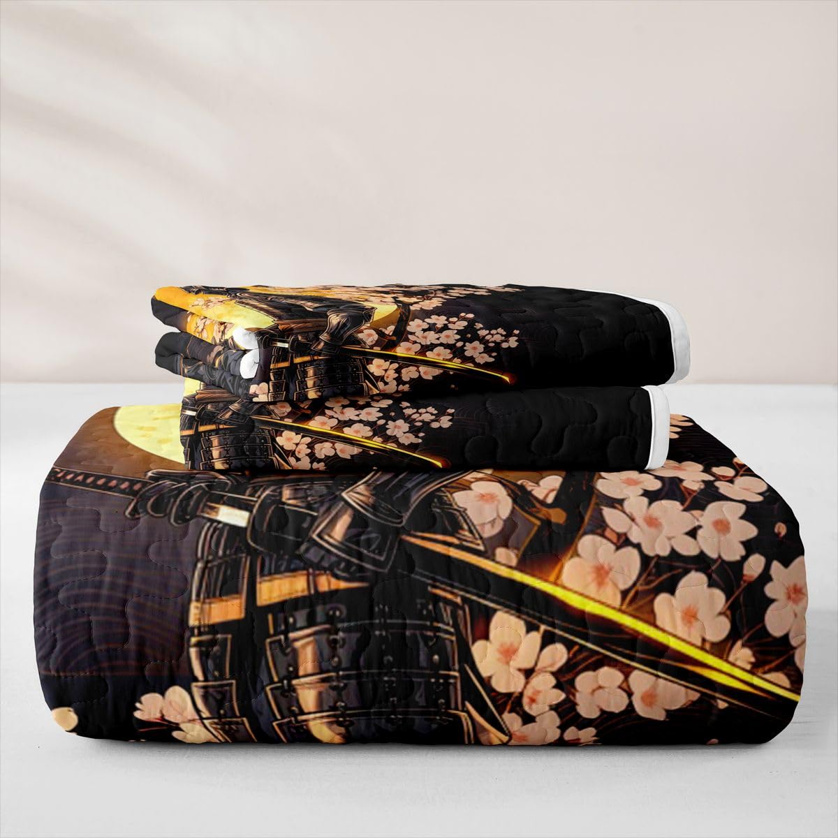 Erosebridal Japanese Samurai Quilts Twin Size - Sunset Cherry Blossoms Bedspread Coverlet Set, Japan Warrior Quilt Coverlets 2Pcs (Only 1 Pillowcase)