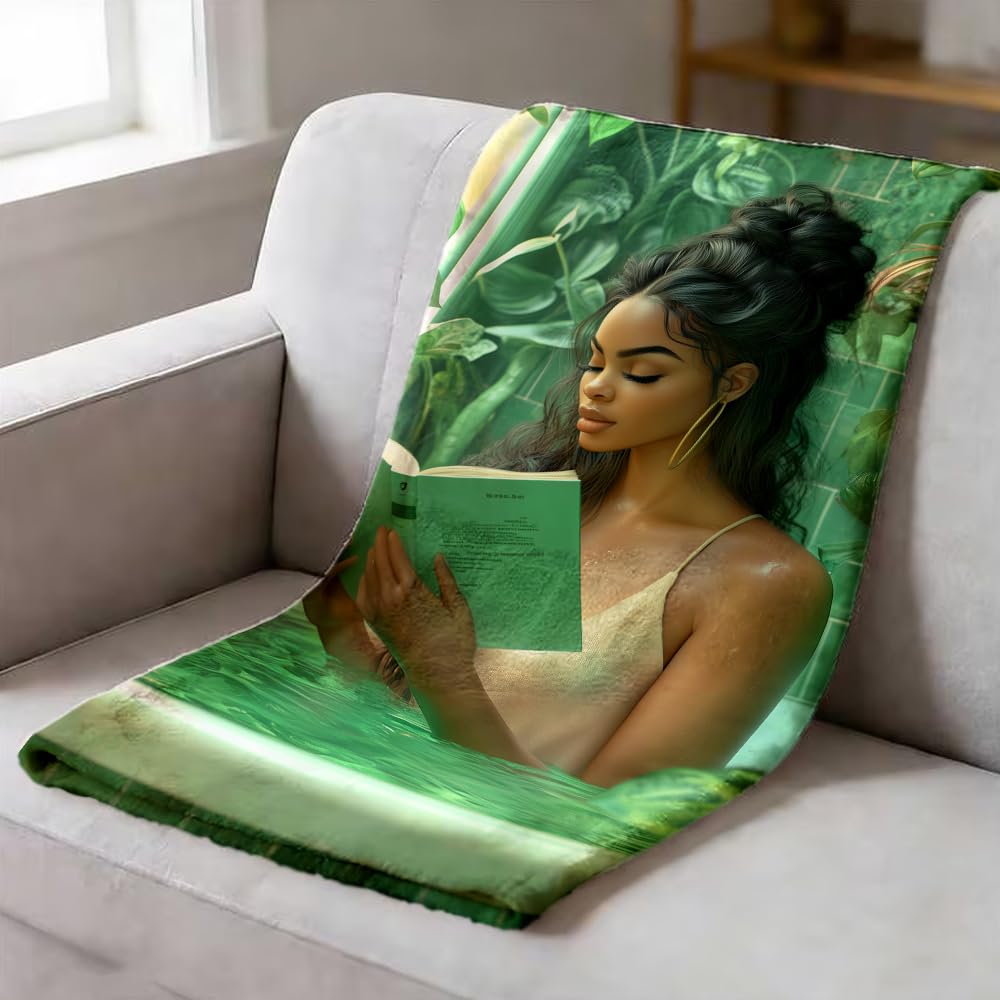 ZHOUSHUTONG Black Girl Reading Book in Bathtub Flannel Throw Blanket, Cozy Warm African American Women Blankets, Lightweight Fuzzy Soft Green Botanical Flannel Blanket for Couch Bed Sofa 49"x59"