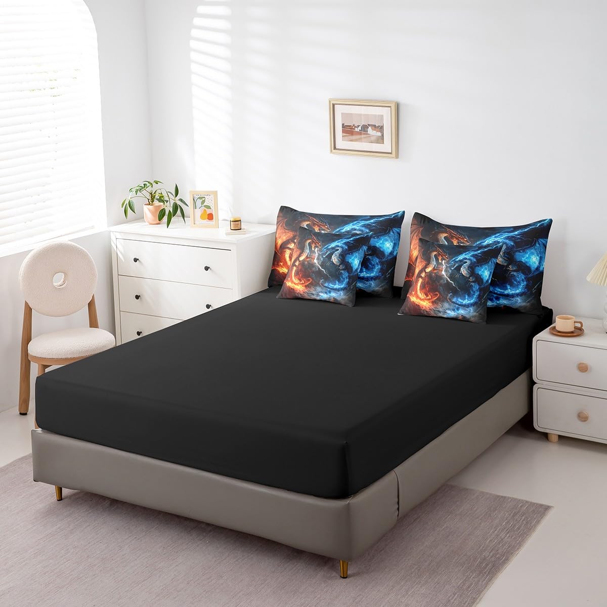 Feelyou Dragon Comforter Set with Sheets Twin Size Dragon Stuff Bed in a Bag for Boys Girls Teens Wild Life 7 Pieces Bedding Set Thunder and Lightning Bed Set Room Decor Blue Orange