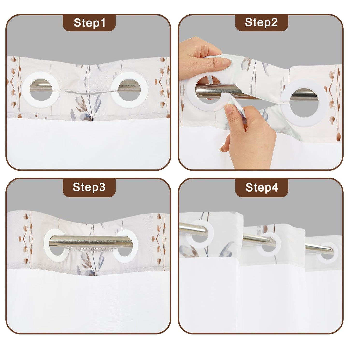 No Hook Shower Curtain with Snap in Fabric Liner Set, Waterproof & Washable, Boho Beige Floral Shower Curtains for Bathroom, Elegant Neutral Modern Hotel Botanical Flower Bathroom Curtain, 71x74 inch