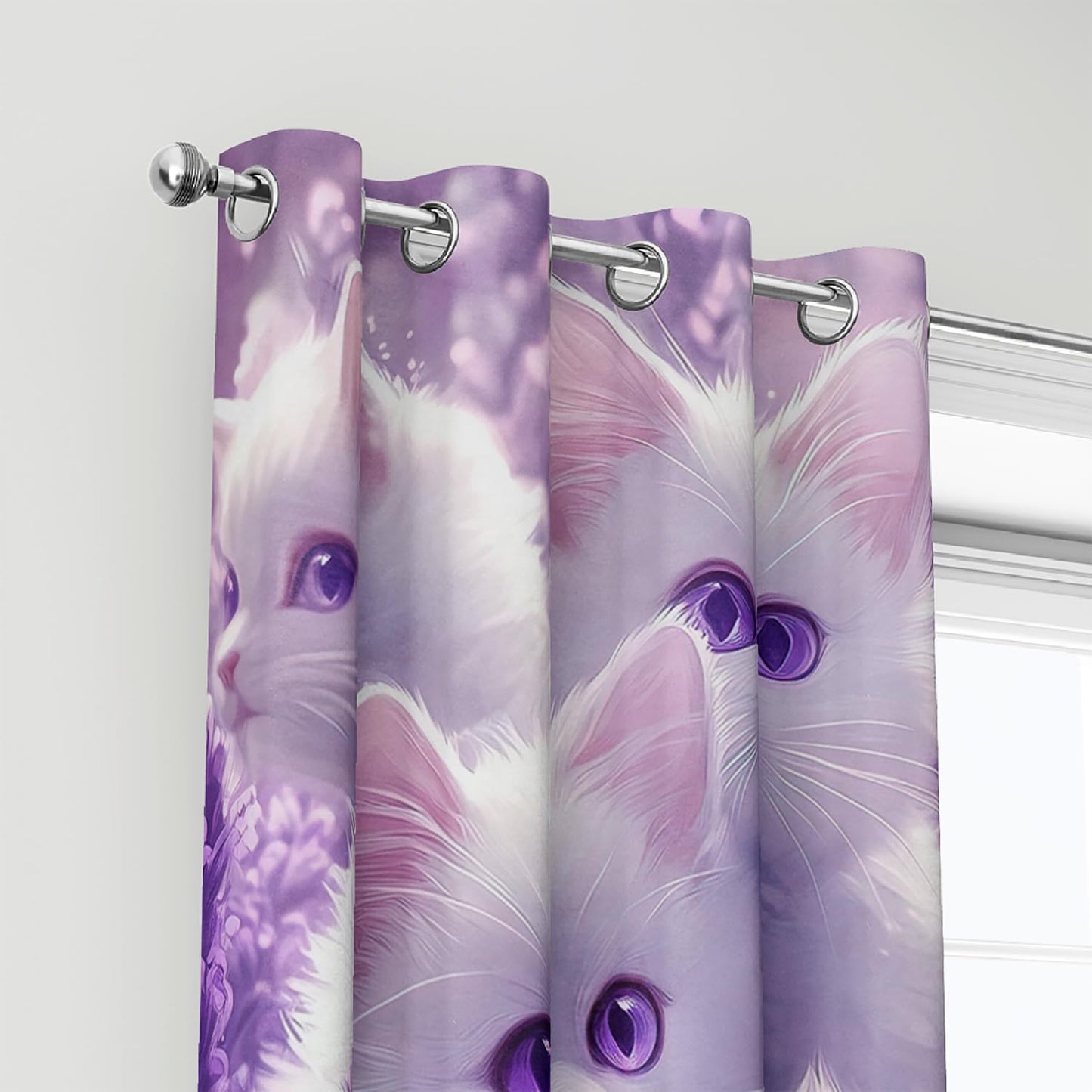 AILONEN 3D White Cat Window Curtains for Girls Bedroom,Cat Lovers Animal Design Curtains Tiers,Purple Lavender Decor Living Room Bedroom Window Drapes 2 Panel Set, 42" W x 63" H