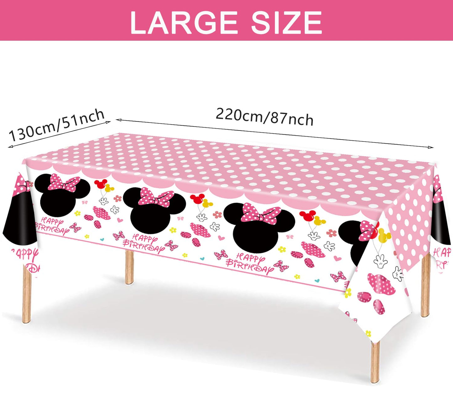 Nyhpar 3 Packs Pink Mouse Tablecloth, Pink Polka Dot Table Cloths Disposable Plastic Cartoon Table Covers for Girls 1st 2nd 3rd Party Decorations Supplies, 86.6 x 51.2in