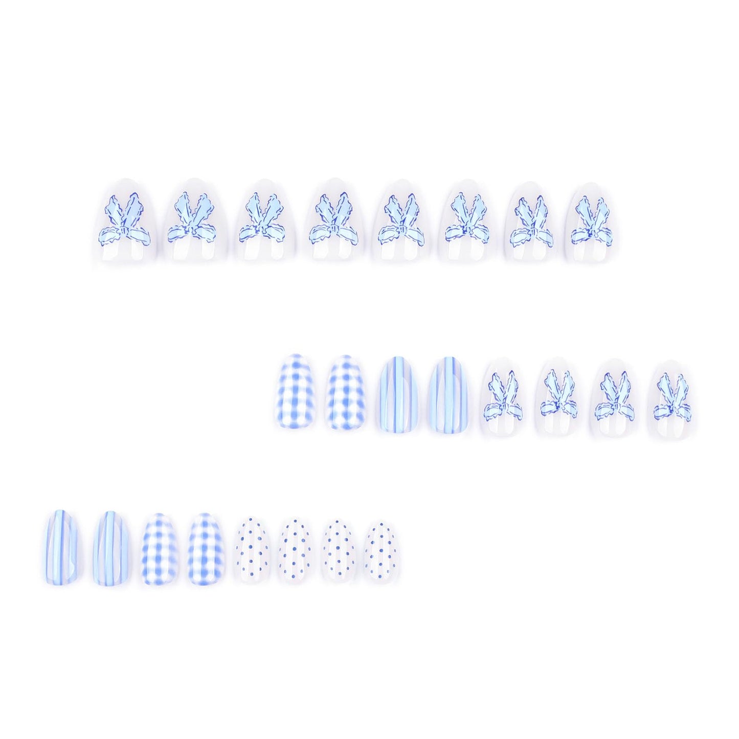 Almond Short Press on Nails Blue White Fake Nails with Polka Dot Checkered Bow Design Glossy Glue on Nail Full Cover Reusable False Nail for Women 24 Pcs