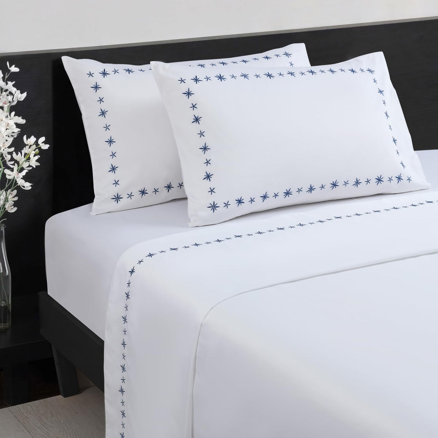 PANDATEX Luxurious 100% Cotton White Embroidered Sheets - 80s Ultra Soft Yarn, High End Hotel Quality Sateen Bedding for King Size Bed with 16'' Deep Pocket, Blue Daisy Design